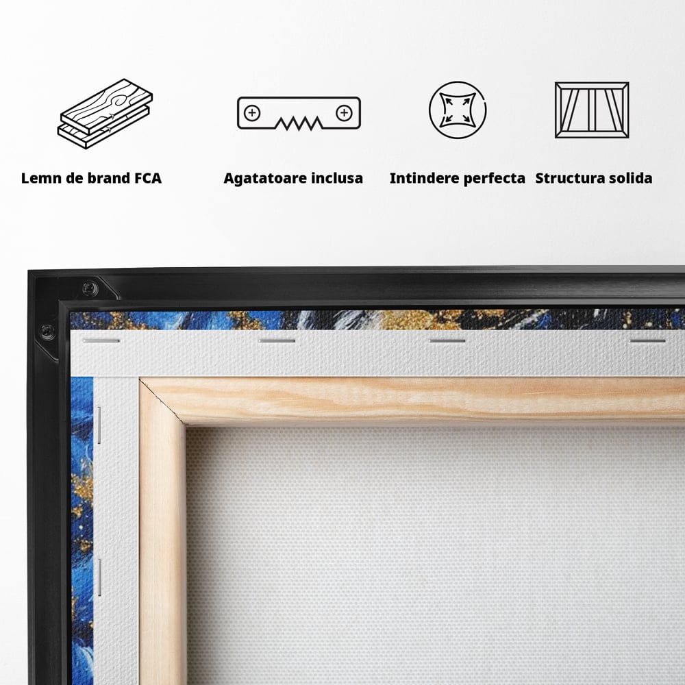 Tablou Canvas cu Tigru Care Racneste si Flori, Negru si Albastru Electric, M1450